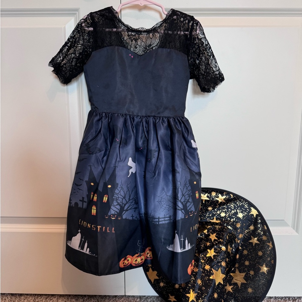 Kids Halloween Costume Dress with Hat - Black and Gold